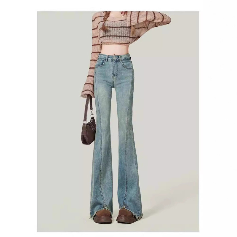 Light Blue Raw Edge Micro-Flared Jeans for Women 2024 Autum New High-Waisted Slimming Look Horseshoe Floor-Length Pants