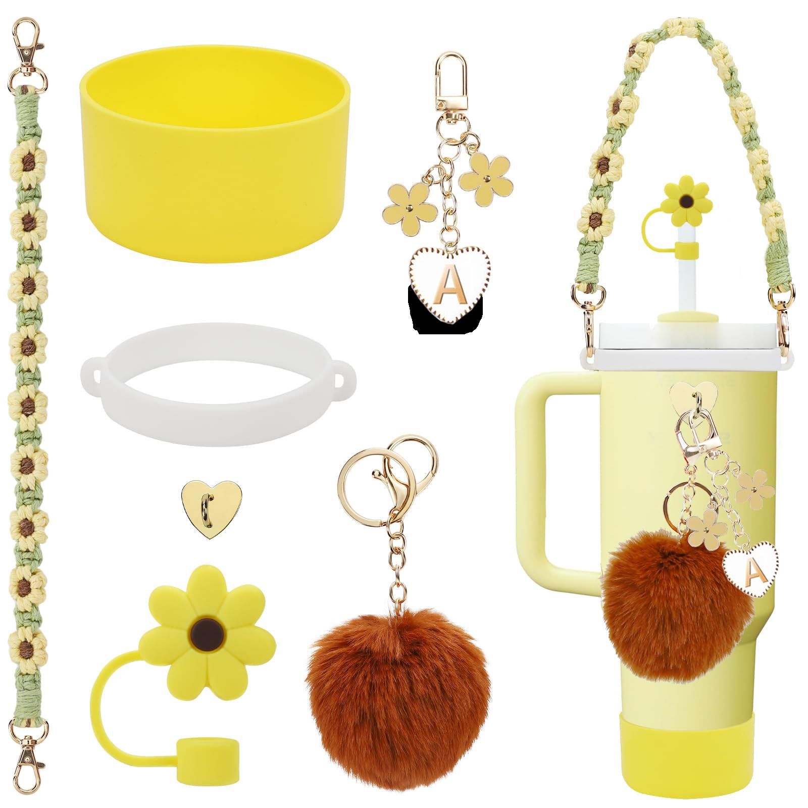 Accesorios de taza Stanley colgante de cuerda de mano flor de silicona gorra de paja de peluche colgante de taza cadena de taza de color cubierta de taza