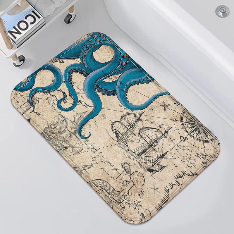 Flannel Vintage Nautical Octopus Bathroom Carpet Mat Navy Blue Ocean Mermaid Bathroom Non-Slip Absorbent