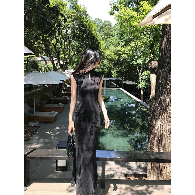 夏季黑色高级感改良新中式包臀提花旗袍连衣裙长裙女|undefined
