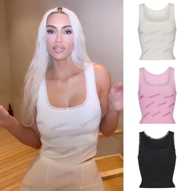 Skims Kardashian-Style Pink Rhinestone Letter Logo Lace Stretchy Slim-Fit Camisole Top Skims Kardashian-Style Pink Rhinestone Letter Logo Lace Stretchy Slim-Fit Camisole Top