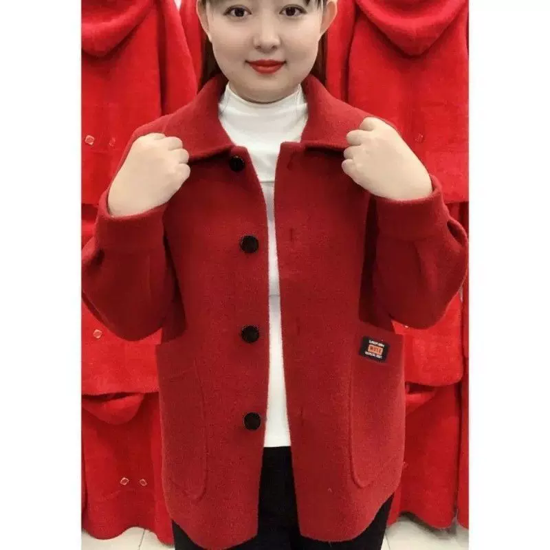 纯色2023新款秋冬季外套妈妈装双面呢纯色洋气方领大衣女保暖百搭