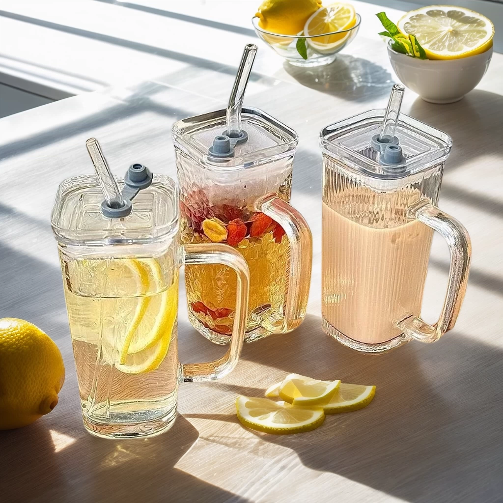 Простая полосатая соломенная кружка с ручкой, стильная кофейная чашка, чашка для молока, стеклянная кружка для напитков с крышкой для дома