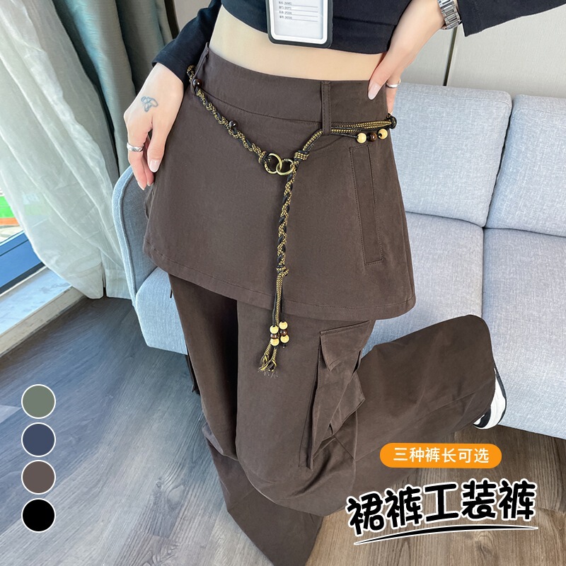 拉夏贝尔藏青色屁帘假两件工装裤女秋冬季高腰宽松垂感阔腿拖地裤|undefined