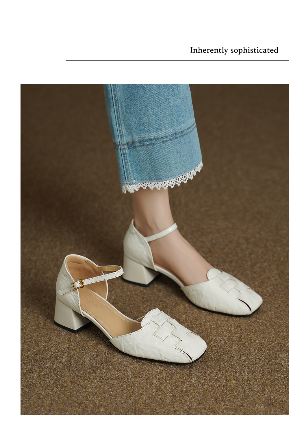 Sandal nữ da dê bện mũi kín quai ngang gót vuông trung bình — đen chi tiết 10