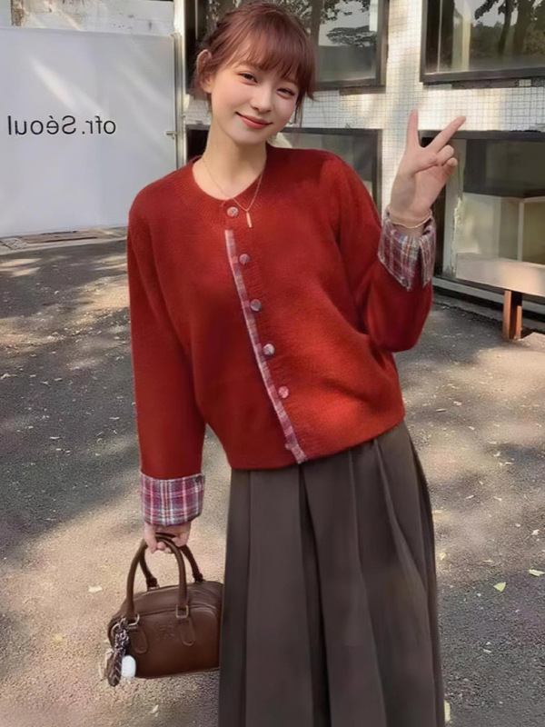 假两件格子拼接针织开衫女秋冬季软糯毛衣外套内穿搭灰色正肩上衣|undefined