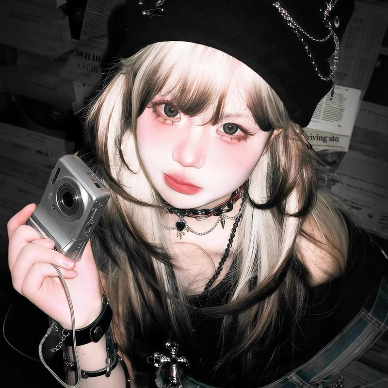 [Siamese Cat] Wig for Women, Gothic Style, White Golden Gradient Black Long Straight Hair, Artificial Hair, Full Headband Hair Cover