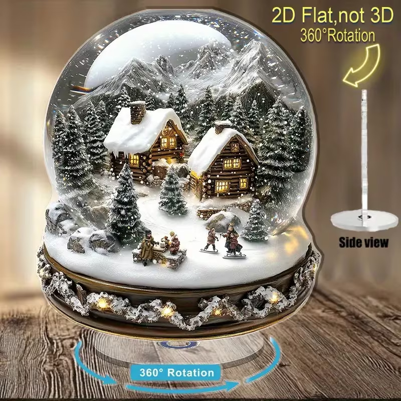 Impresión plana transfronteriza 2D plana 360 giratoria vista de nieve pingüino cabina accesorios de escritorio festivales interiores al aire libre