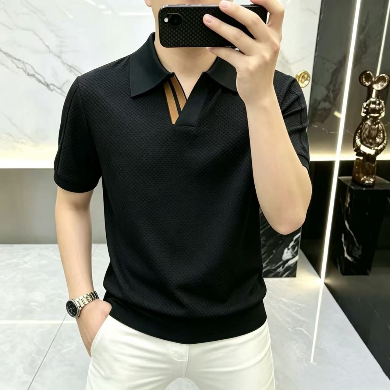 高品质男士春夏季T恤2026净版纯色织带时尚修身商务休闲衬衫t