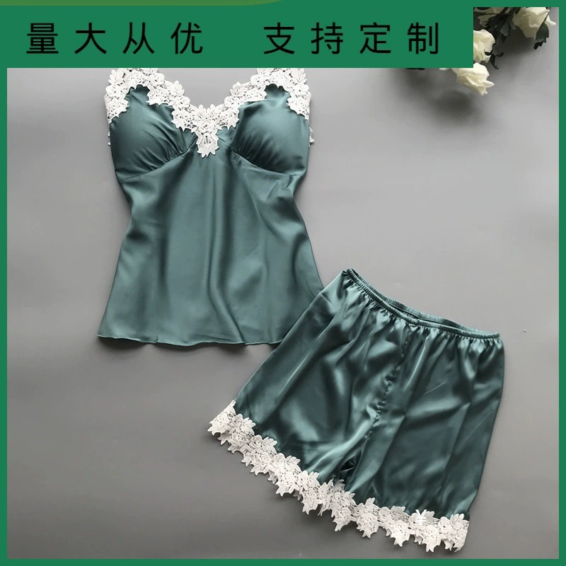 Summer thin sexy split pijama, lace top with cups, shorts, set, lifting effect