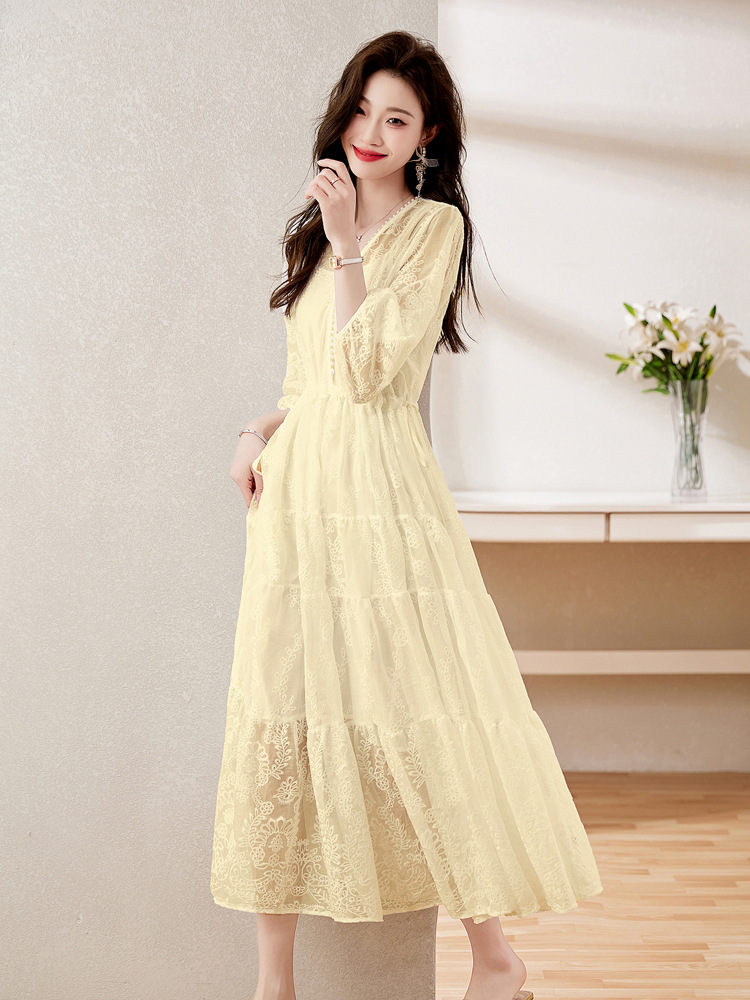 Đầm maxi nữ cổ V thắt eo dáng dài thanh lịch NY1608 — xanh lam, màu tím, màu vàng