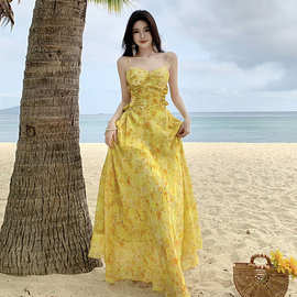 2024新款日落法式柠檬黄连衣裙碎花长裙印花度假沙滩裙超仙长裙
