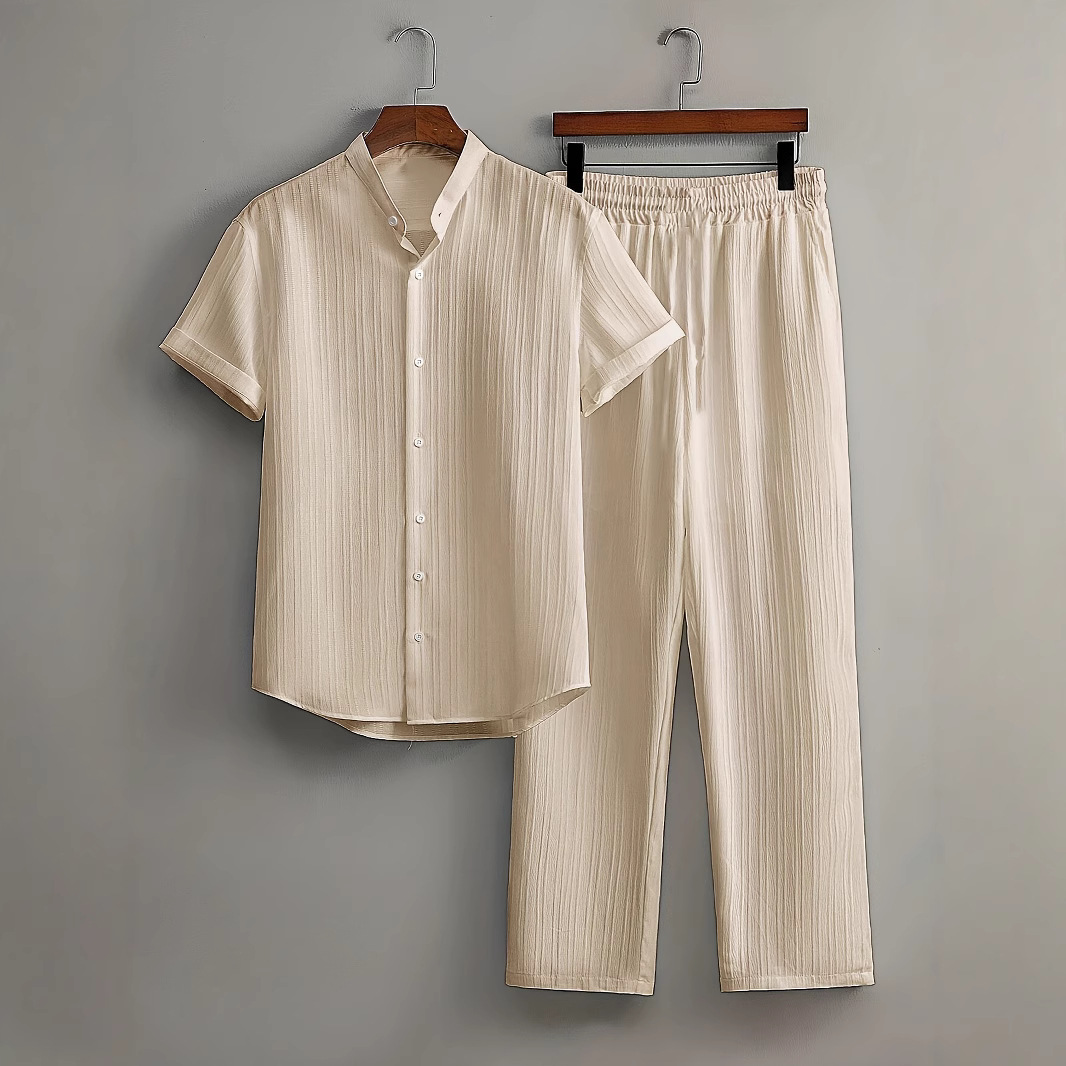 Lässiges Herren-Strandhemd-Set in Unifarben, Kurzarm-Baumwollmischung, knitterfreie Hose, mehrfarbiges Bambusgewebe_voghion.com