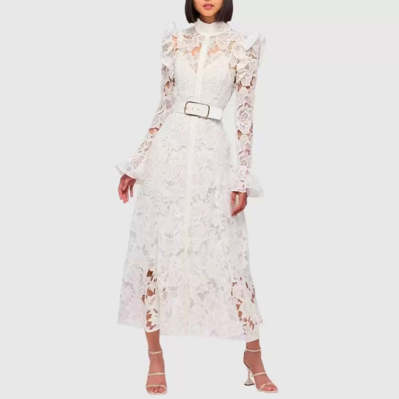 Heavy-Duty Long Vintage Dress with Water-Soluble Ruffles, Elegant and Stylish, with a Belt