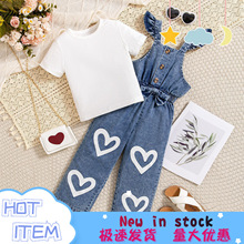 外贸跨境欧美女童夏季套装坑条上衣搭爱心印花牛仔背带裤儿童服装