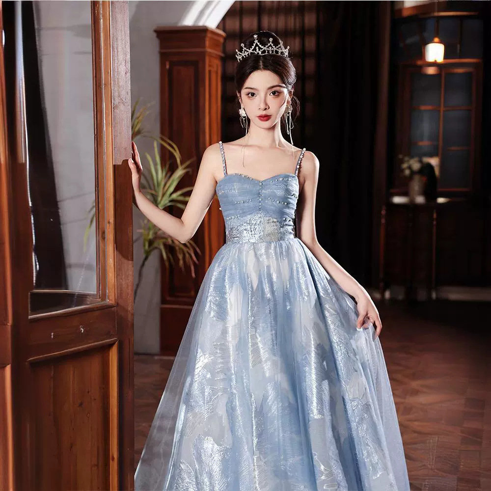 Blue Evening Dress for Women 2026 New Style Banquet Elegant High-End Light Luxury Niche Classy Host Coming-Of-Age Ceremony