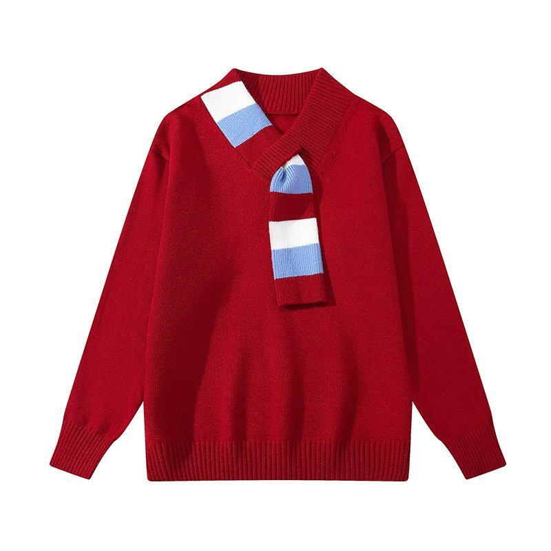 Cross-border wholesale faux two-piece shawl collar striped knit sweater, loose fit, drop shoulder, unisex, breathable