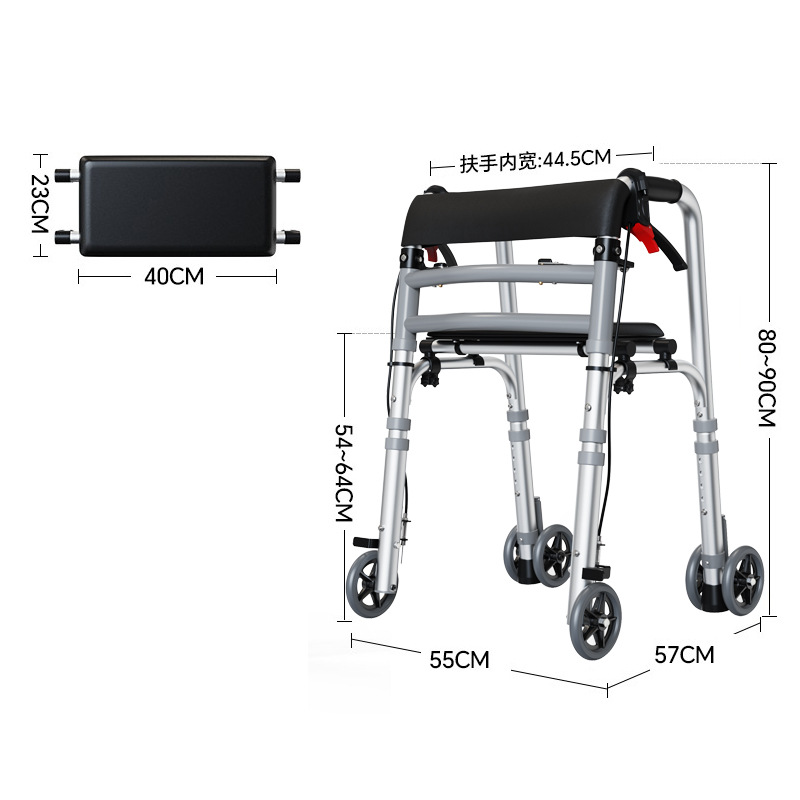 Muletas de aleación de aluminio para personas mayores, andador plegable de rehabilitación para mujeres embarazadas, con ruedas, cojín de asiento y freno.