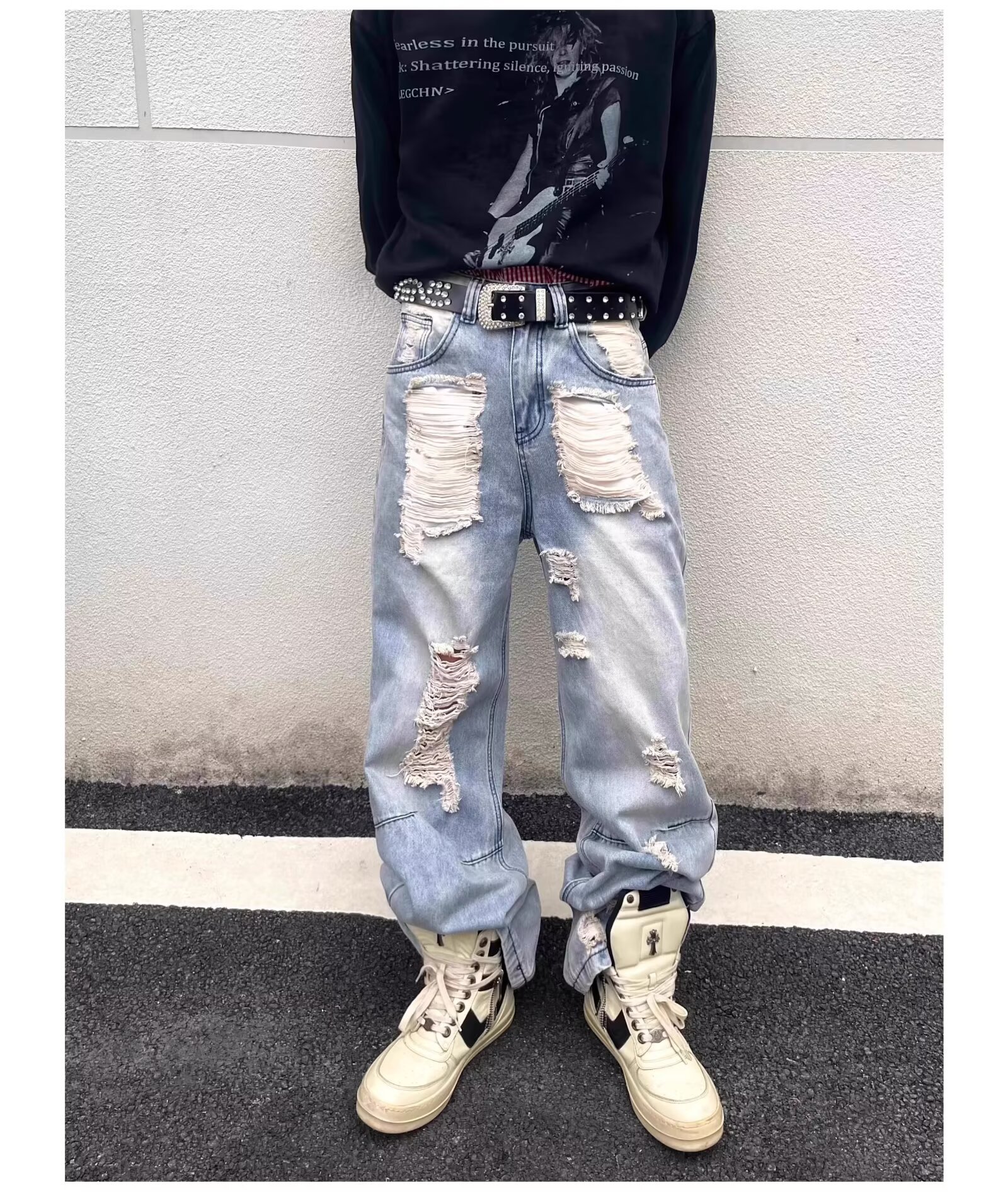Men's American High Street Style Washed Ripped Jeans Loose Straight Leg Casual Edgy Slightly Flared Blue Mid Waist Zipper Fly_mkmklike.com