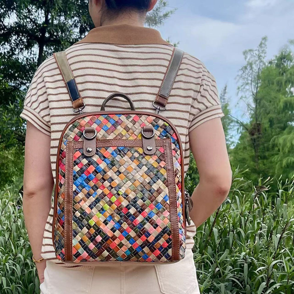 新款女士真皮双肩包手工编织学院风旅行背包10寸大容量彩色包包