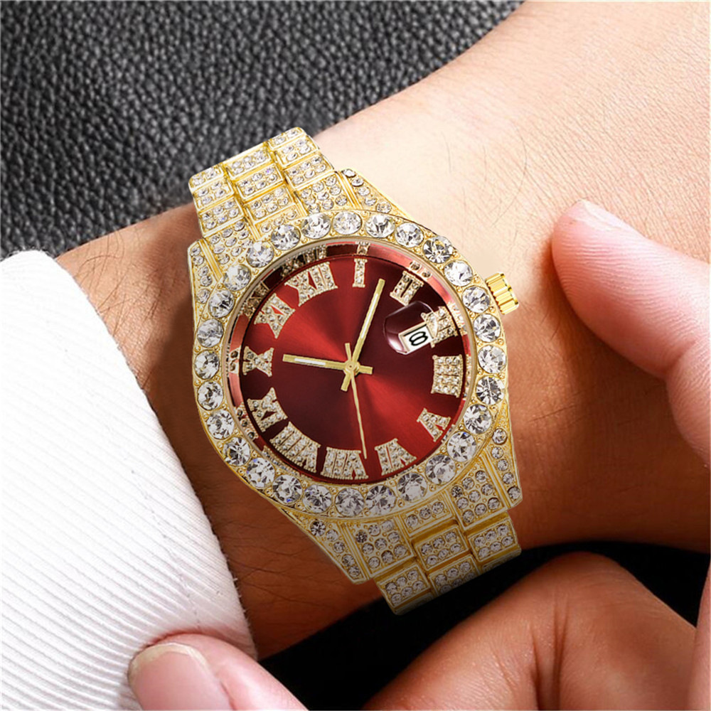 Neue wasser geist große strass Diamant herren Uhr Römischen skala kalender hip-hop uhr herren gold uhr Grün voller diamant_voghion.com