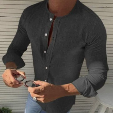 2024 Европа и США внешняя торговля осень новый круглый воротник лен сплошной цвет мужской рубашки wish мужская одежда Amazon