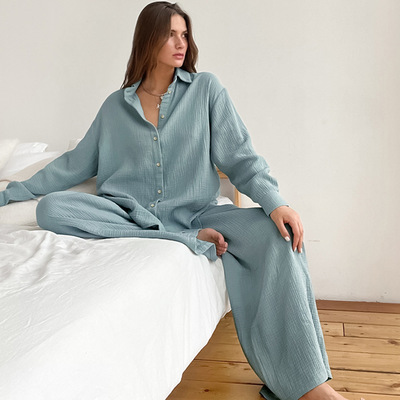 Autumn Europe and America shirt pajamas double-deck Gauze Easy Cotton trousers Two piece set fashion Exorcism lady Home Furnishings
