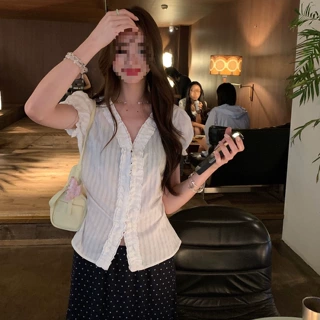 原版做法！衬衫女夏花边设计感超好看单穿衬衣法式泡泡袖上衣