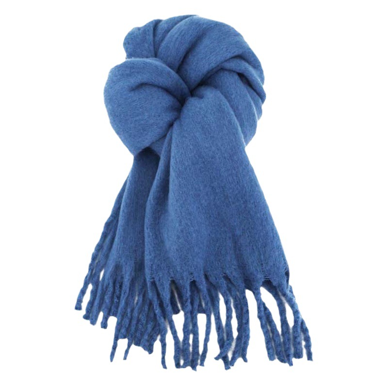 Bufanda de mohair gruesa azul glaciar, para otoño e invierno, versátil, de color sólido, calentador de cuello, diseño de chal con borlas cálidas para mujer