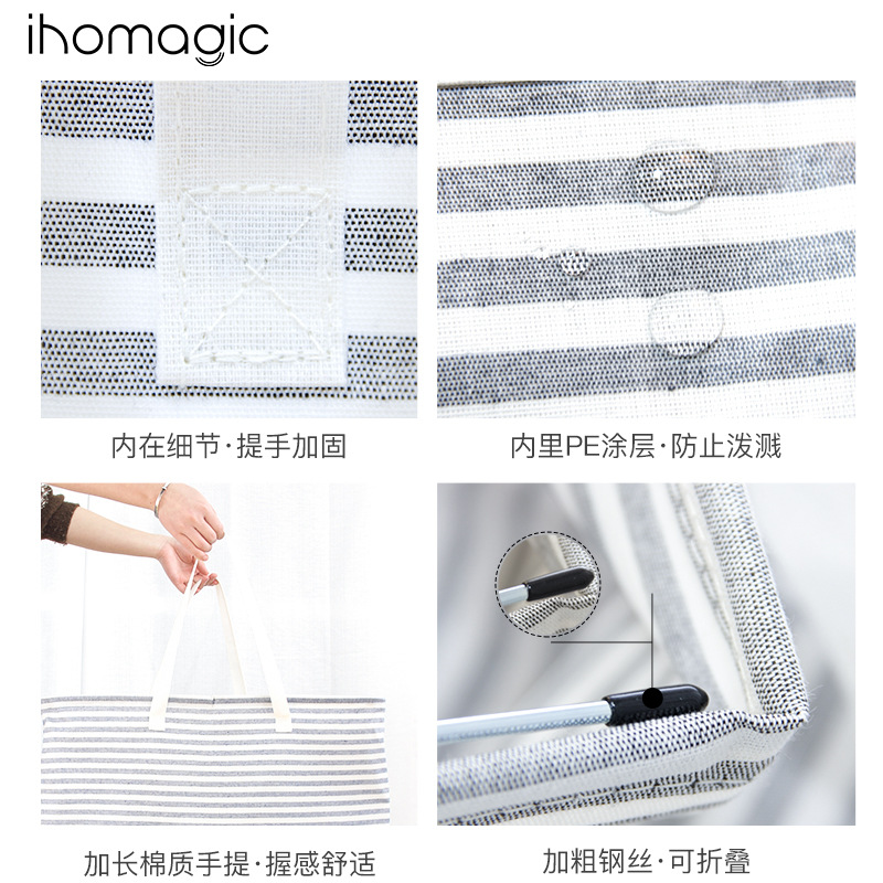 Independiente de lino a rayas cesta de lavandería de gran capacidad bolsa de almacenamiento portátil de almacenamiento plegable cesta de la ropa