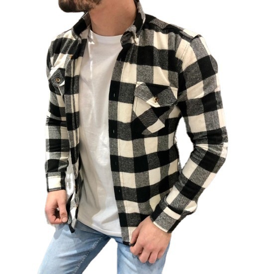 2023 Comercio exterior transfronterizo Amazon Otoño e Invierno solapa europea y americana más tamaño algodón y lino Plaid cepillado camisa de manga larga en stock