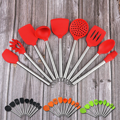 矽膠廚具套裝 不鏽鋼柄鍋鏟廚具9件套 家用火鍋撈籬 烹饪勺鏟批發