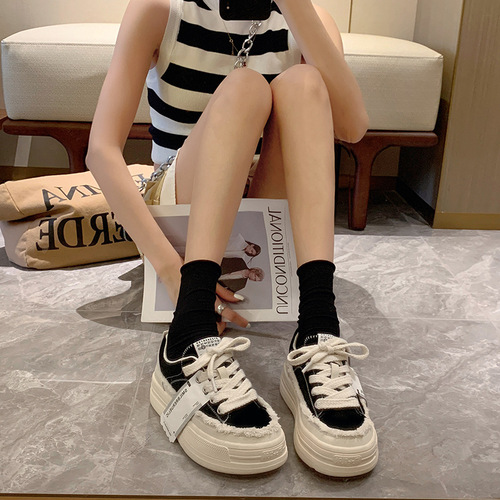 Hongtong Canvas Shoes for Women: New Arrival Japanese-style Retro Fashionable Thick-sole Casual All-Match Loafers: Trendy Distressed Designer Shoes