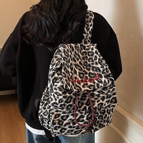 欧美大容量豹纹尼龙双肩包背包2025新款潮时尚大容量抽带女士背包