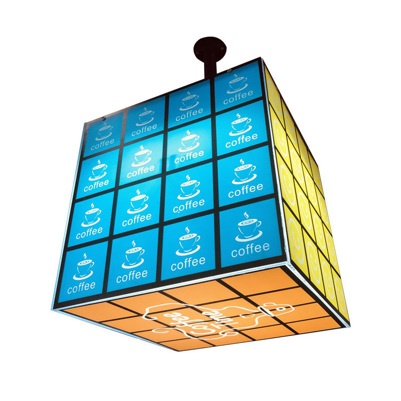 Cubo de color 360 grados caja de lámpara acrílica muestra café leche té en línea tiendas creativas cartel