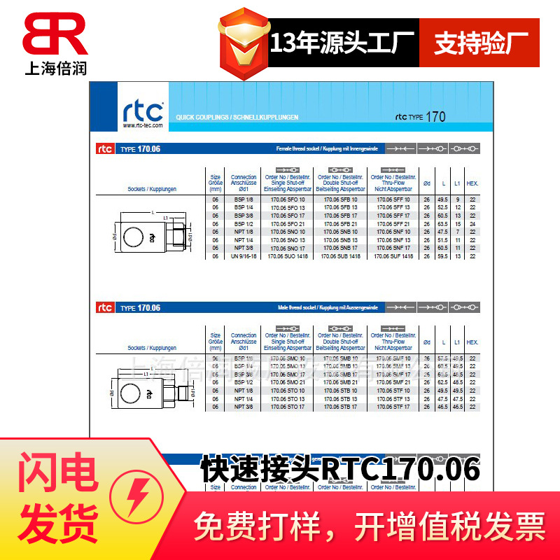 倍润RTC快速接头RTC170.06系列替Staubli耐极端高温325℃快速接头