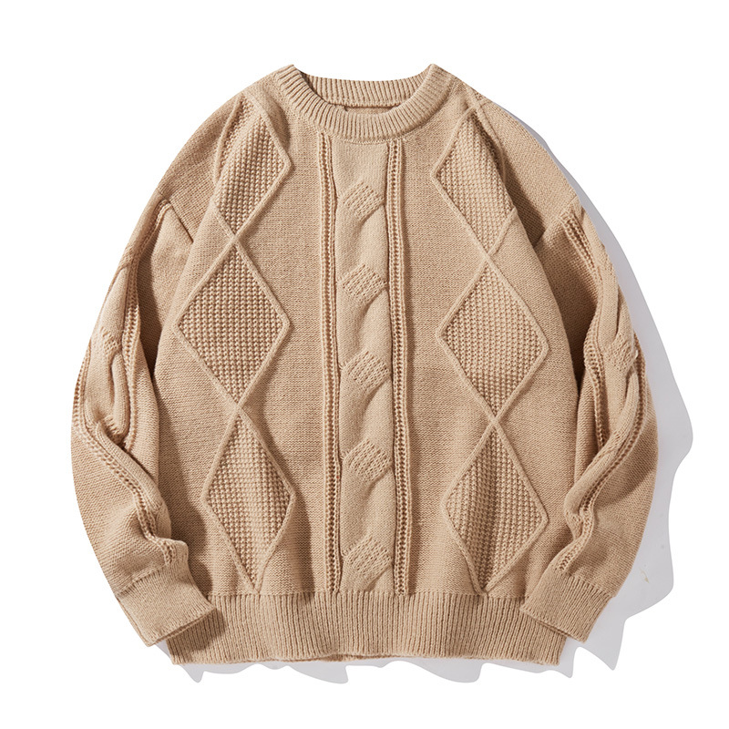 Pull en maille torsadée pour homme – Pull oversize à col rond et coupe décontractée pour l'hiver et l'automne (Noir/Beige/Marron/Kaki, M-XXL)_voghion.com