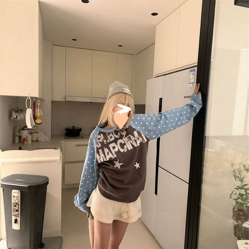 American Retro Polka Dot Raglan Sleeve Long-Sleeve T-Shirt for Women, New Spring and Autumn Style, Casual Letter Print, Color-Blocking Versatile Top American Retro Polka Dot Raglan Sleeve Long-Sleeve T-Shirt for Women, New Spring and Autumn Style, Casual Letter Print, Color-Blocking Versatile Top
