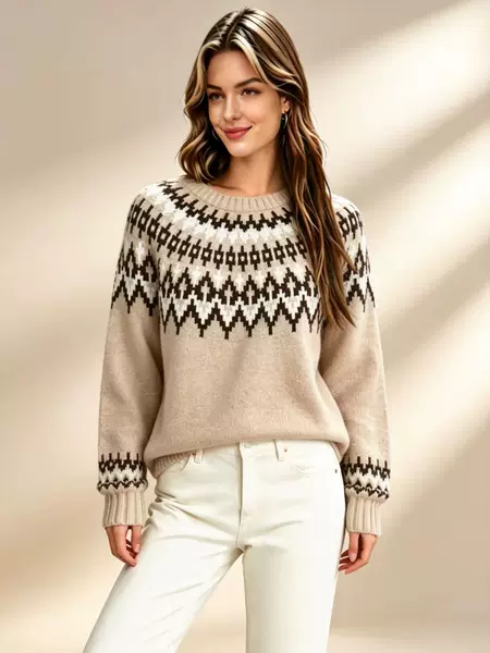 2026 Autumn/Winter Retro Fair Isle Jacquard Crew Neck Sweater for Women, Loose and Cozy Knit Pullover Top