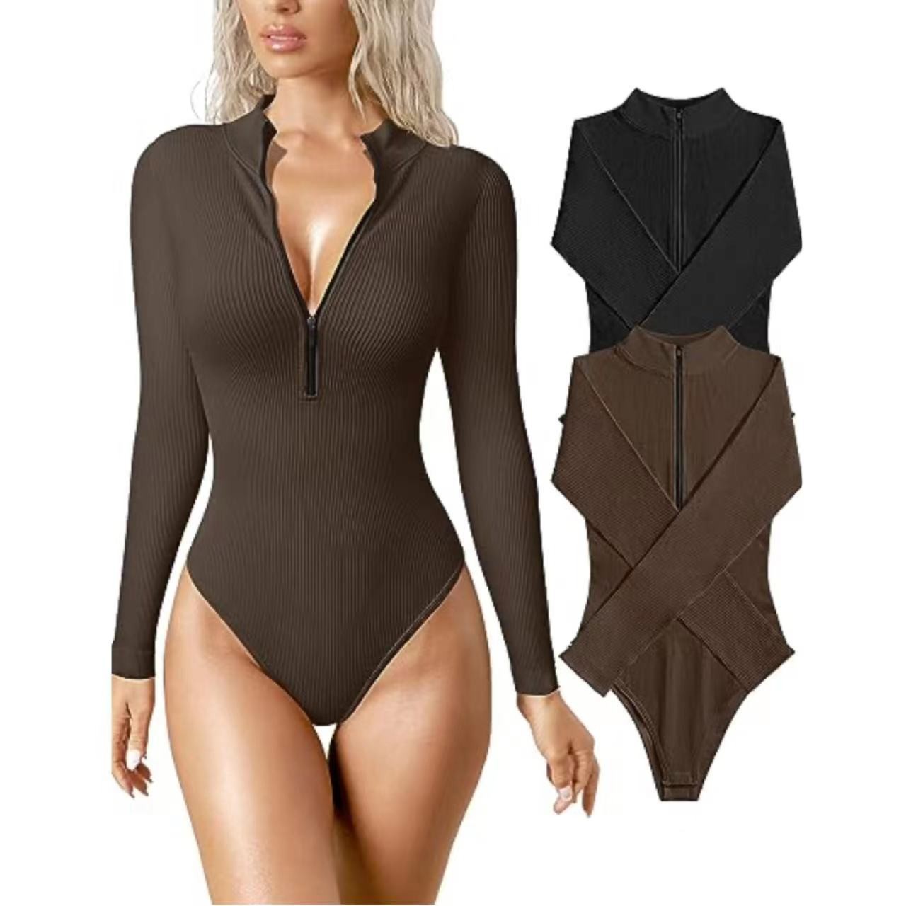Amazon transfronterizo * AliExpress mono de mujer sexy alto hilo elástico de una sola pieza de manga larga media cremallera cuello camiseta