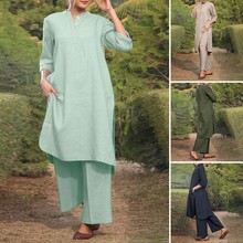 外贸跨境速卖通2025春夏大码女装运动棉麻V领3/4袖宽边长裤2件套