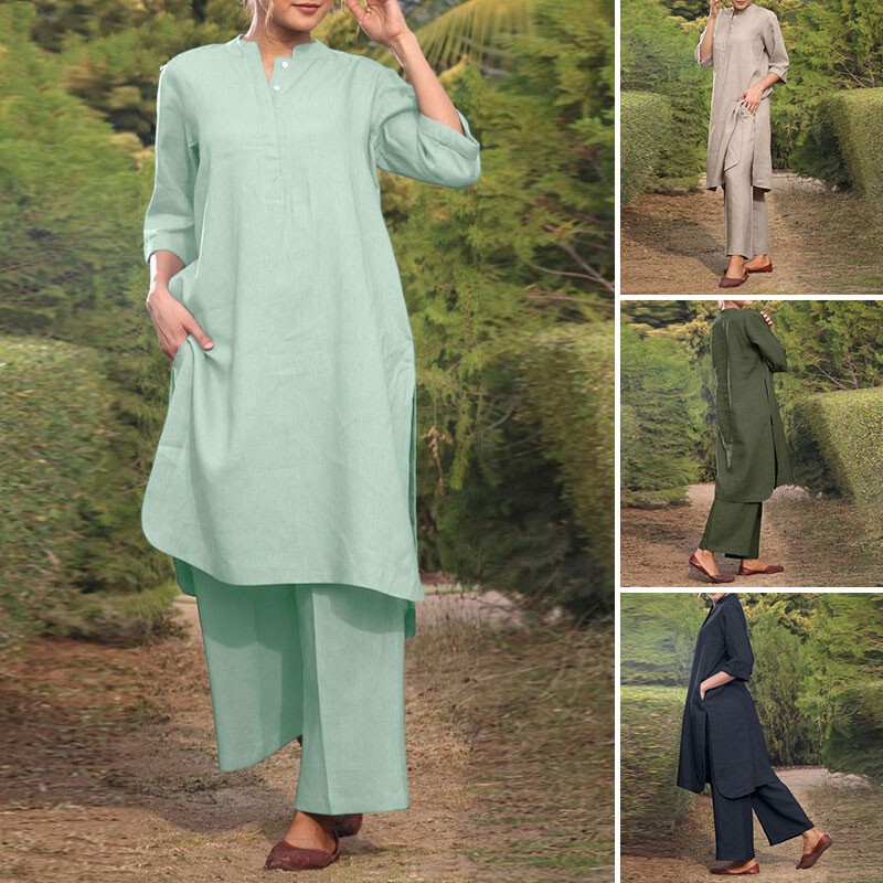 Foreign Trade Cross-Border Aliexpress 2026 Spring/Summer Plus-Size Women's Sportswear Cotton-Linen V-Neck 3/4 Sleeve Wide-Leg Pants 2-Piece Set