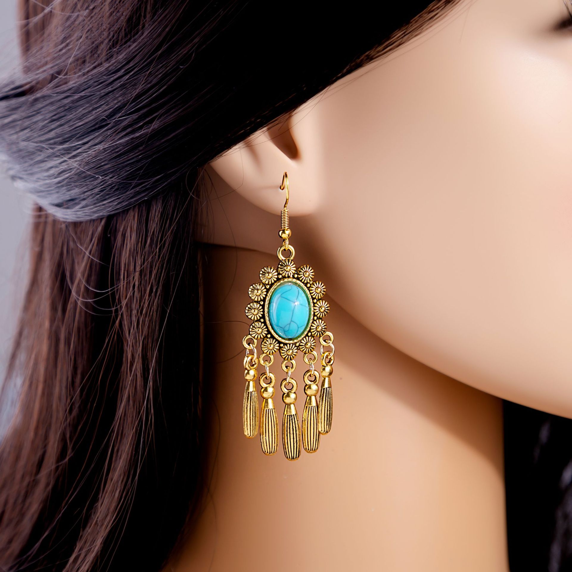 Ethnic Style Bohemian Geometric Alloy Tassel Plating Inlay Turquoise Rhinestones Women's Drop Earrings 1 Pair display picture 5