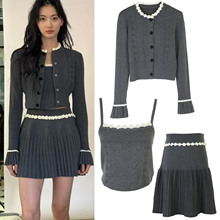 秋冬新款长袖针织吊带半裙套装短外套法式显瘦复古气质针织外套女