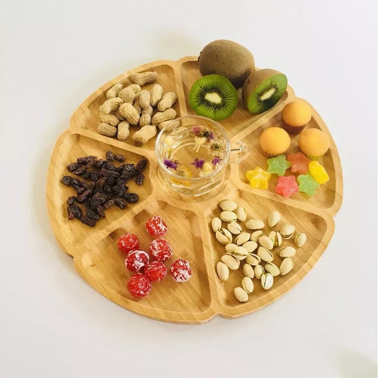 Bamboo Flower Shape Rotatable Tray Solid Wood Living Room Divided Dry Fruit Tray Party Party Fruit Snack Tray