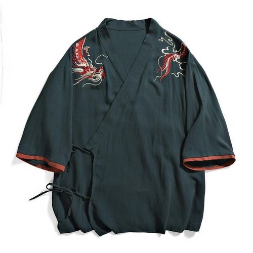 Chinese-style Men's Straight Collar T-shirt, V-neck, Five-finger Sleeve, Loose Large Size Top with Dragon Pattern Embroidery, Cotton-Linen Modern Hanfu Adaptation
