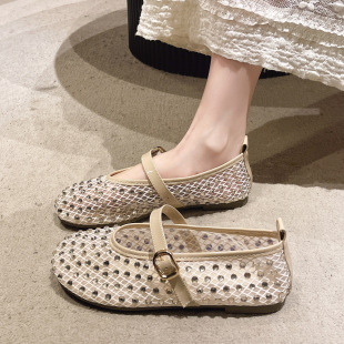 2025 Summer New Casual Shoes Fairy Style One-word Buckle with Rhinestone Flat Soft Bottom Hollow Mesh Fisherman Shoes