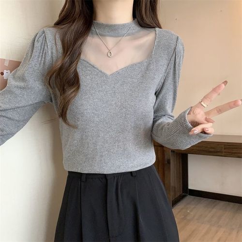 Thin mesh knit pure color women's clothing hidden belly button trick women's long sleeve t-shirt niche plus size base shirt