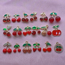 亚马逊红色樱桃钥匙扣diy饰品配件水钻树脂水果吊坠汽车女包挂件
