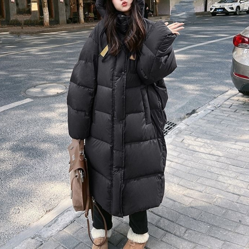2025 Anke La Red Thickened Long Over-The-Knee Korean Style Duck down Jacket Loose Hooded Winter down Coat